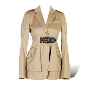 GUCCI Military Inspired Beige Canvas Jacket with Horse-bit Motif Accents
